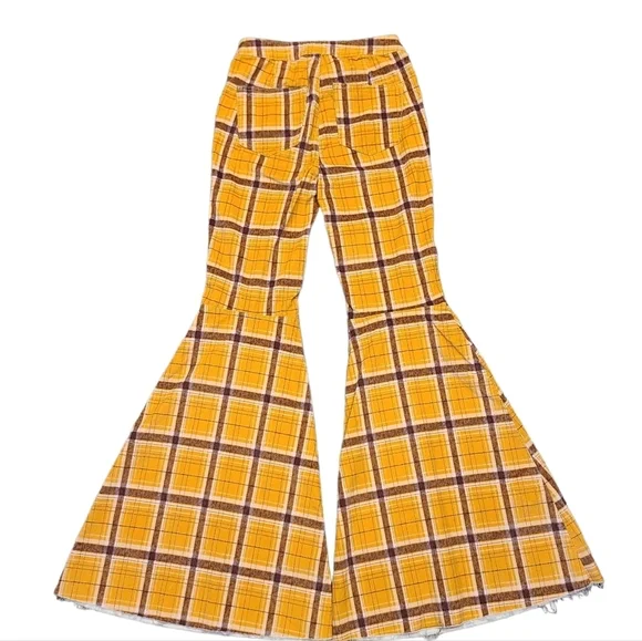 Free People Just Float On Wide Flare Bell Bottom Corduroy Pants Mustard Plaid 26 - Picture 10 of 16